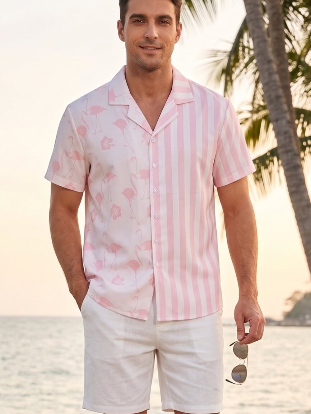 NWOT | Pink Flamingo & Vertical Stripe Split-Print Button-Down Shirt Medium